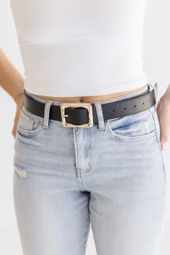 Diana Rectangle Metal Buckle Vegan Leather Belt Black
