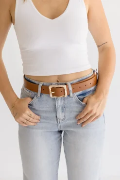 Diana Rectangle Metal Buckle Vegan Leather Belt Cognac