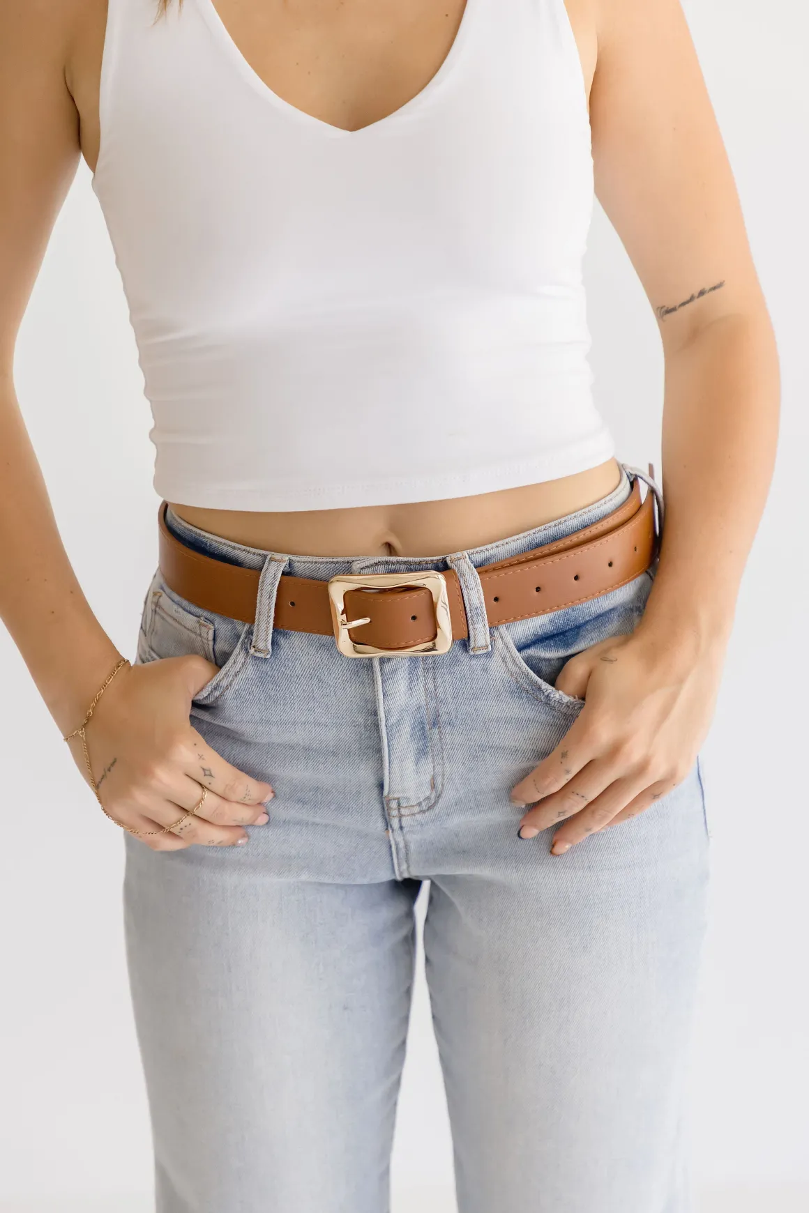 Diana Rectangle Metal Buckle Vegan Leather Belt Cognac
