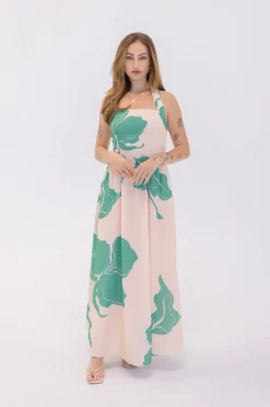 Dolly Halter Neck Floral Print Maxi Dress Green