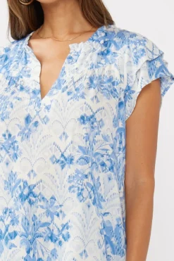 Doreen Short Ruffle Sleeve Floral Print Top Blue