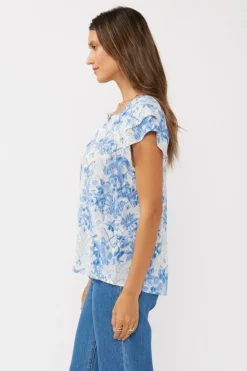 Doreen Short Ruffle Sleeve Floral Print Top Blue