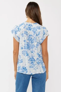 Doreen Short Ruffle Sleeve Floral Print Top Blue