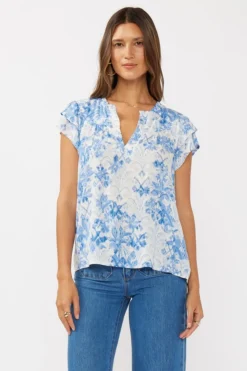 Doreen Short Ruffle Sleeve Floral Print Top Blue
