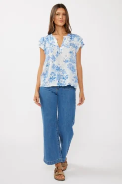 Doreen Short Ruffle Sleeve Floral Print Top Blue