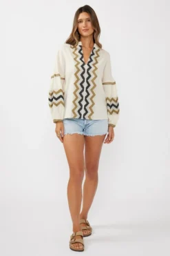 Dorothy Long Sleeve Jacquard Top Natural