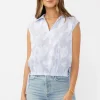 Drew Sleeveless Stripe Print Embroidered Drawstring Waist Top Blue