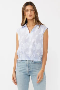Drew Sleeveless Stripe Print Embroidered Drawstring Waist Top Blue