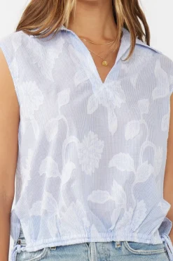 Drew Sleeveless Stripe Print Embroidered Drawstring Waist Top Blue