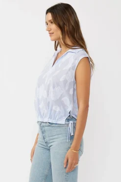 Drew Sleeveless Stripe Print Embroidered Drawstring Waist Top Blue