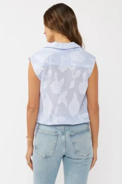 Drew Sleeveless Stripe Print Embroidered Drawstring Waist Top Blue
