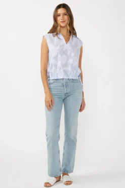 Drew Sleeveless Stripe Print Embroidered Drawstring Waist Top Blue