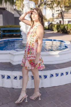 Eden Sleeveless Button Down Floral Print Mini Dress Peach