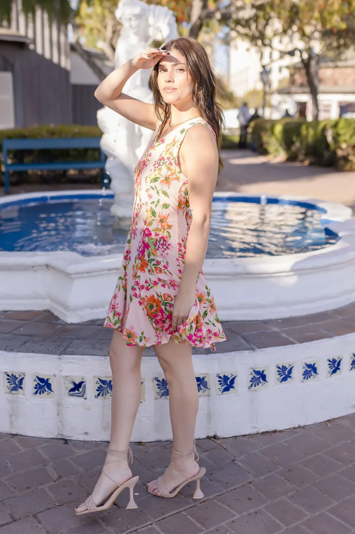 Eden Sleeveless Button Down Floral Print Mini Dress Peach