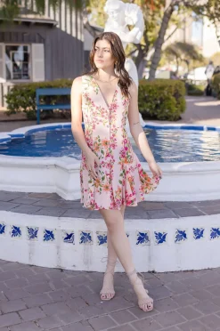 Eden Sleeveless Button Down Floral Print Mini Dress Peach