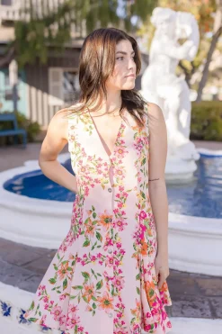 Eden Sleeveless Button Down Floral Print Mini Dress Peach