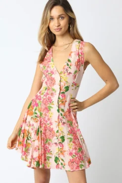 Eden Sleeveless Button Down Floral Print Mini Dress Peach