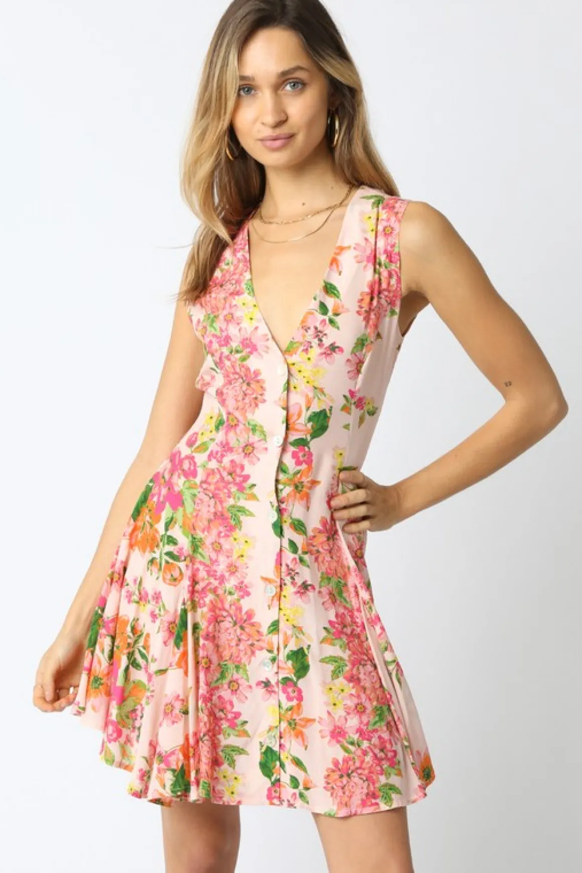 Eden Sleeveless Button Down Floral Print Mini Dress Peach