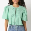 Edith Short Puff Sleeve Front Tie Stripe Print Top Green