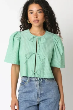 Edith Short Puff Sleeve Front Tie Stripe Print Top Green