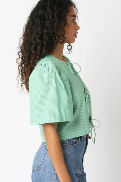 Edith Short Puff Sleeve Front Tie Stripe Print Top Green