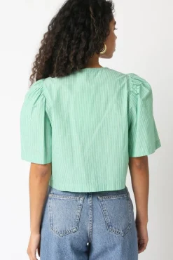 Edith Short Puff Sleeve Front Tie Stripe Print Top Green