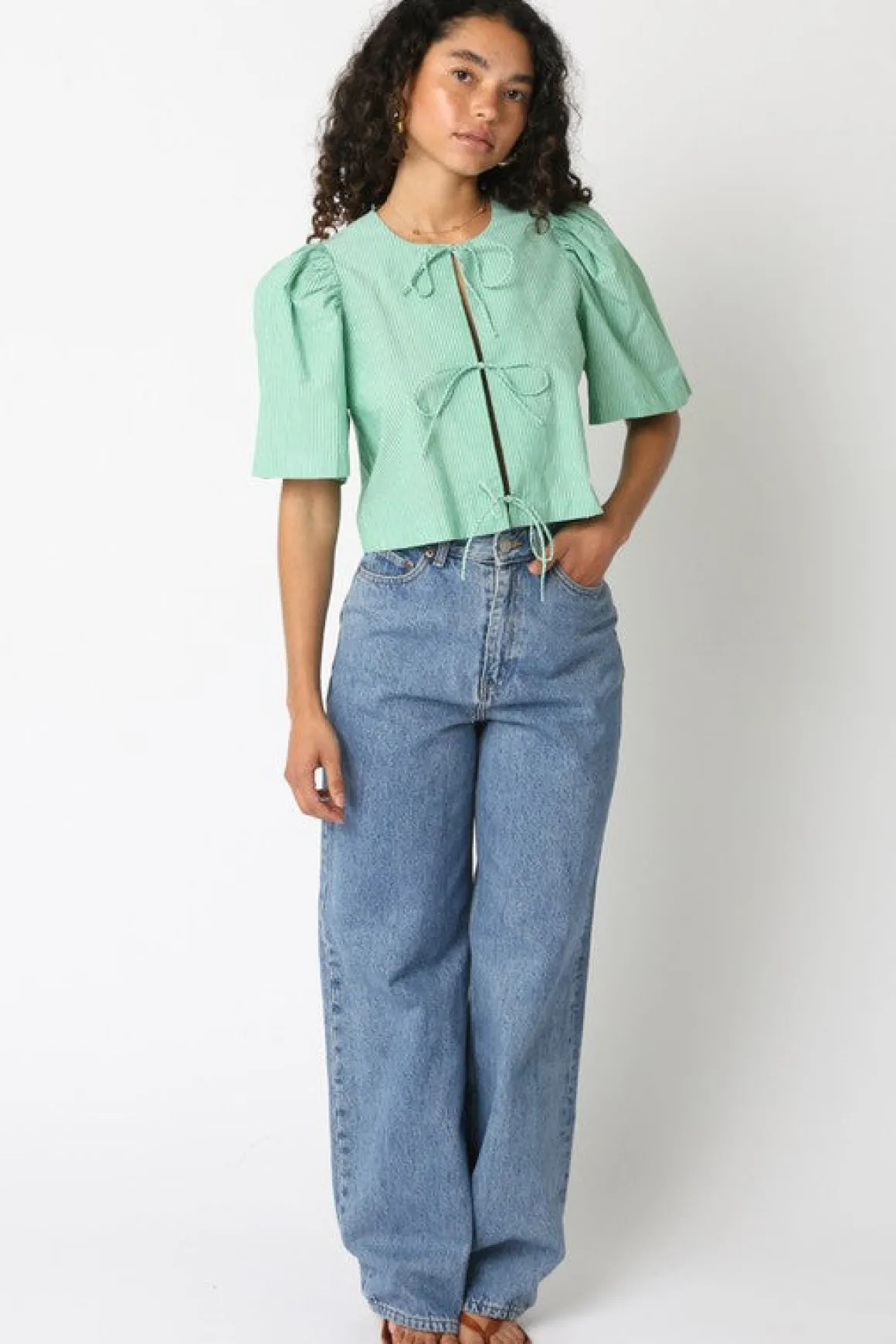 Edith Short Puff Sleeve Front Tie Stripe Print Top Green