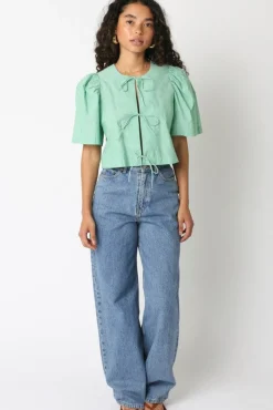 Edith Short Puff Sleeve Front Tie Stripe Print Top Green