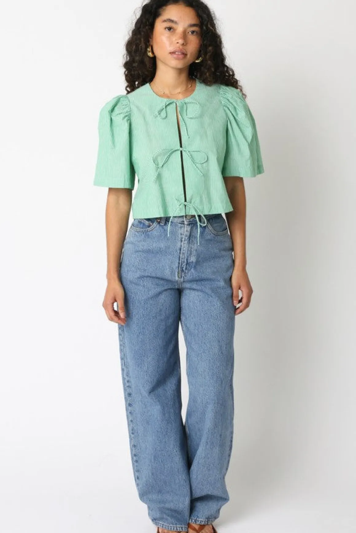 Edith Short Puff Sleeve Front Tie Stripe Print Top Green