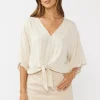 Eliza Kimono Sleeve Front Tie Jacquard Top Natural