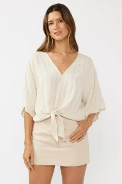 Eliza Kimono Sleeve Front Tie Jacquard Top Natural