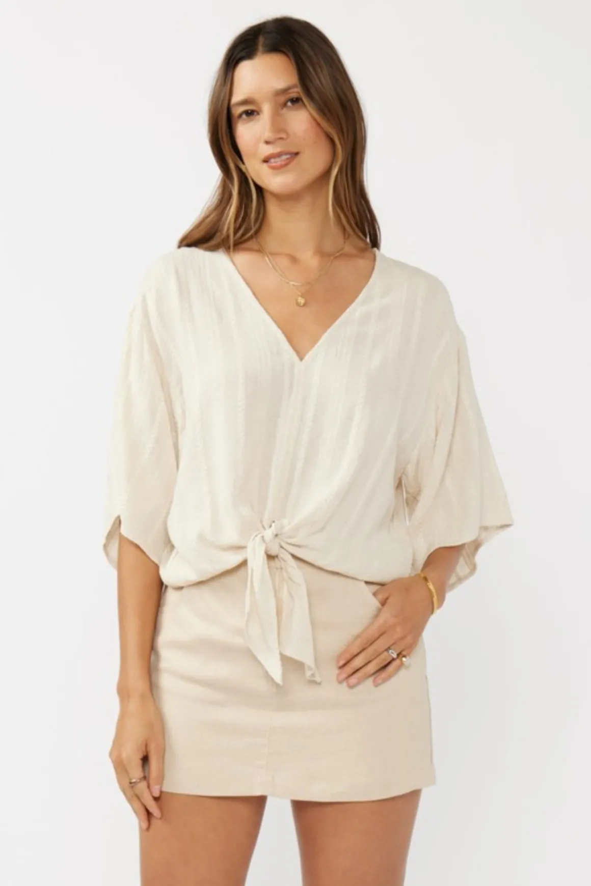 Eliza Kimono Sleeve Front Tie Jacquard Top Natural
