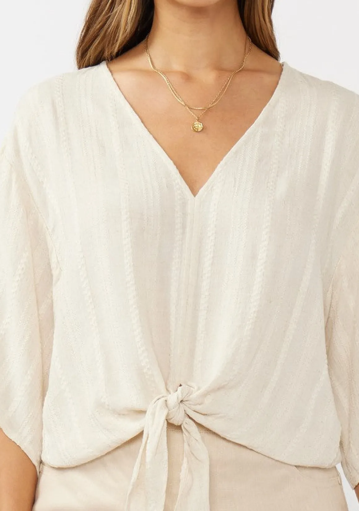 Eliza Kimono Sleeve Front Tie Jacquard Top Natural