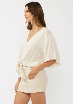 Eliza Kimono Sleeve Front Tie Jacquard Top Natural