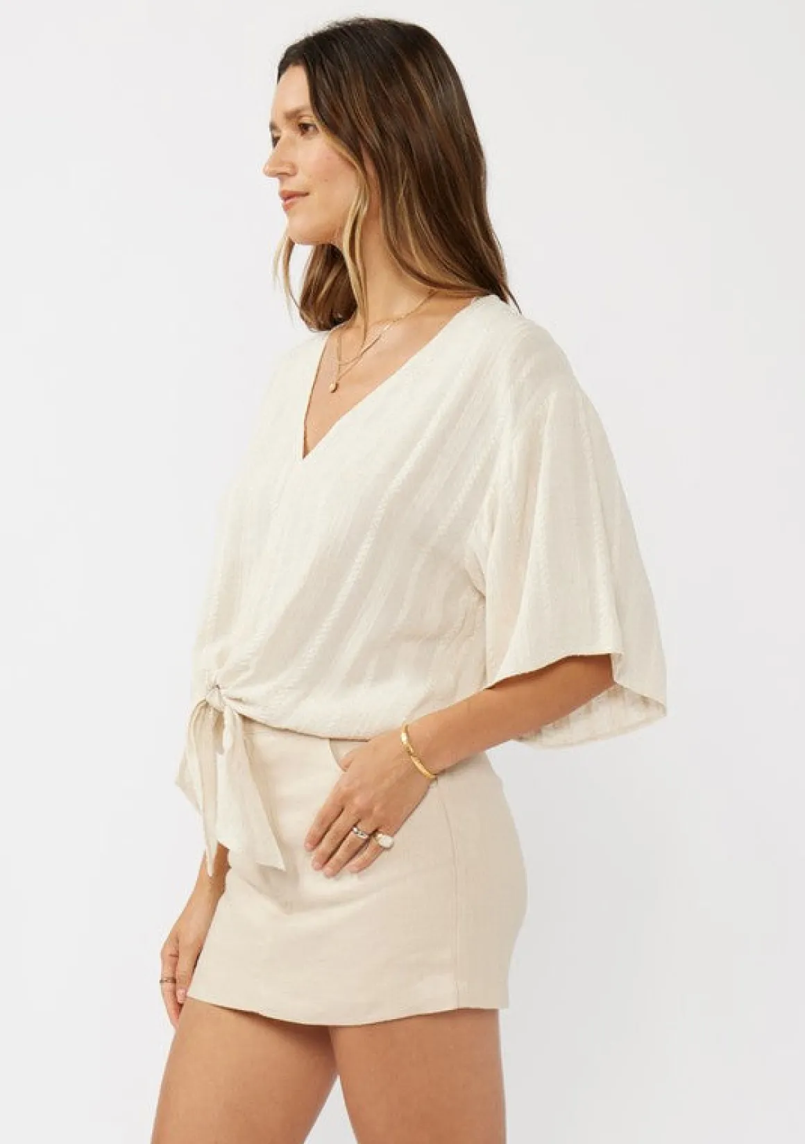 Eliza Kimono Sleeve Front Tie Jacquard Top Natural