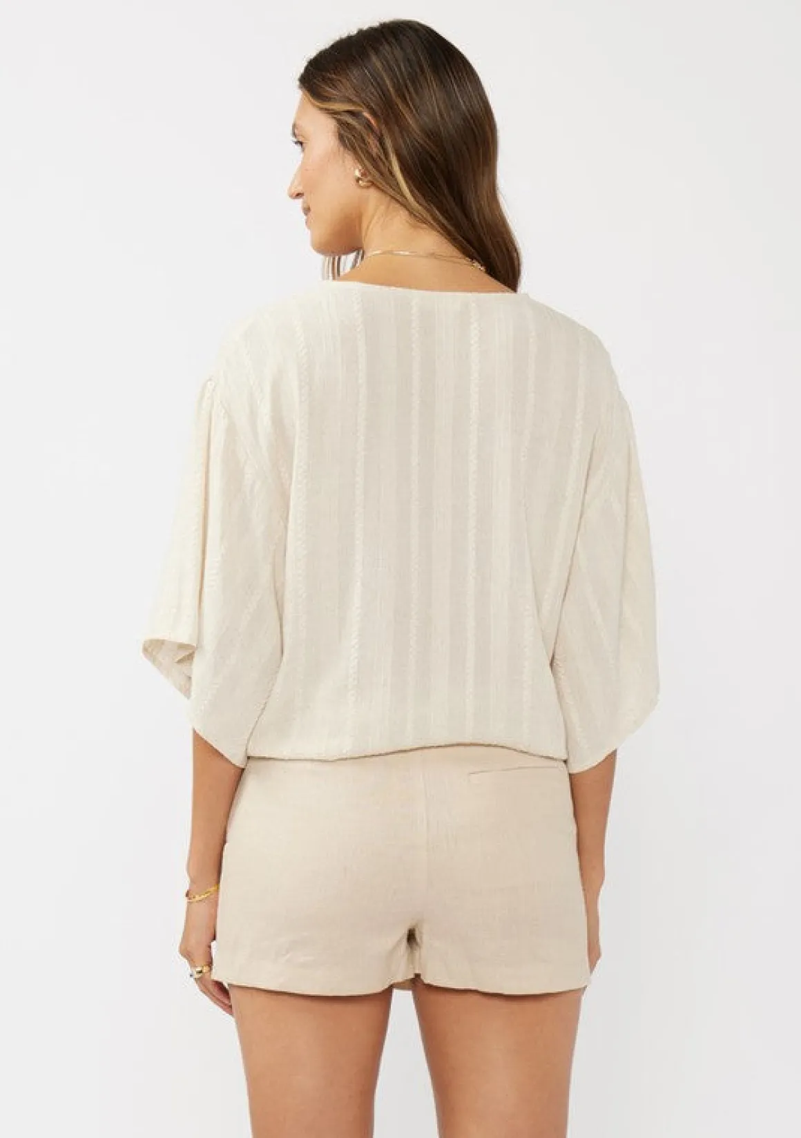 Eliza Kimono Sleeve Front Tie Jacquard Top Natural