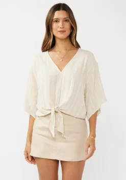 Eliza Kimono Sleeve Front Tie Jacquard Top Natural