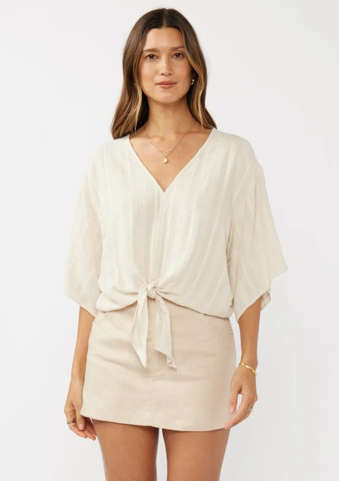Eliza Kimono Sleeve Front Tie Jacquard Top Natural