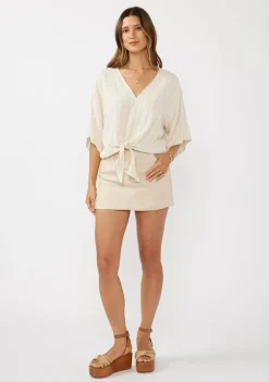 Eliza Kimono Sleeve Front Tie Jacquard Top Natural