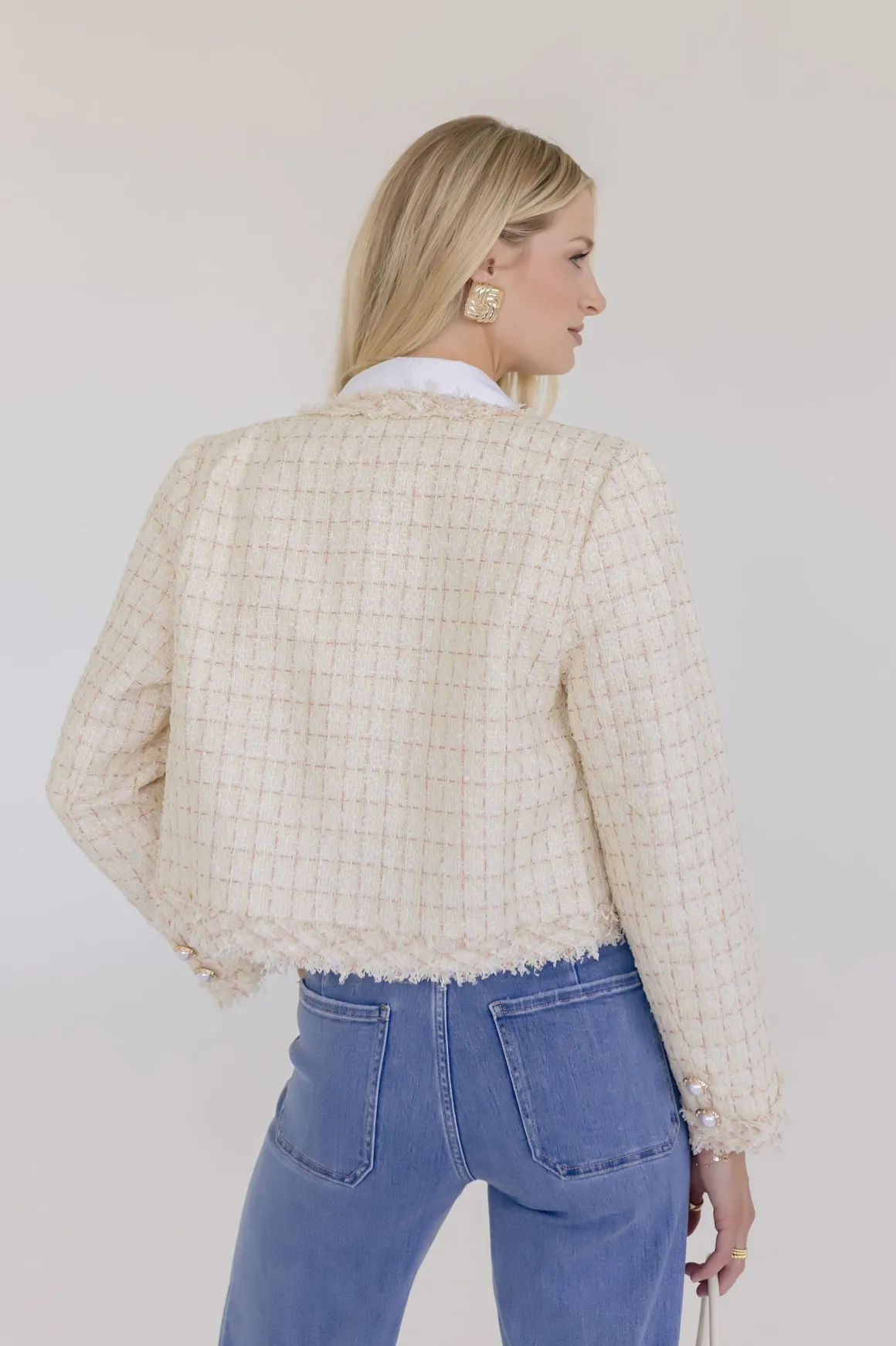 Elizabeth Long Sleeve Cropped Tweed Jacket Cream