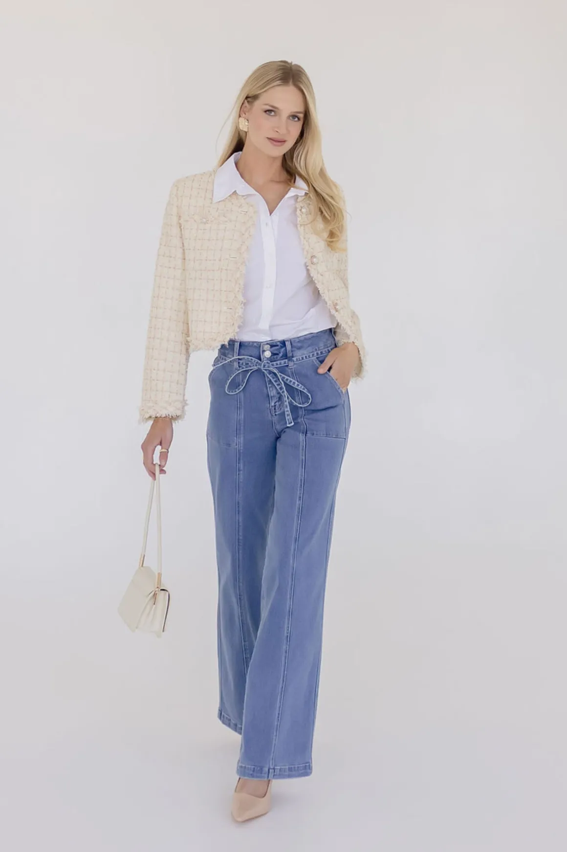 Elizabeth Long Sleeve Cropped Tweed Jacket Cream