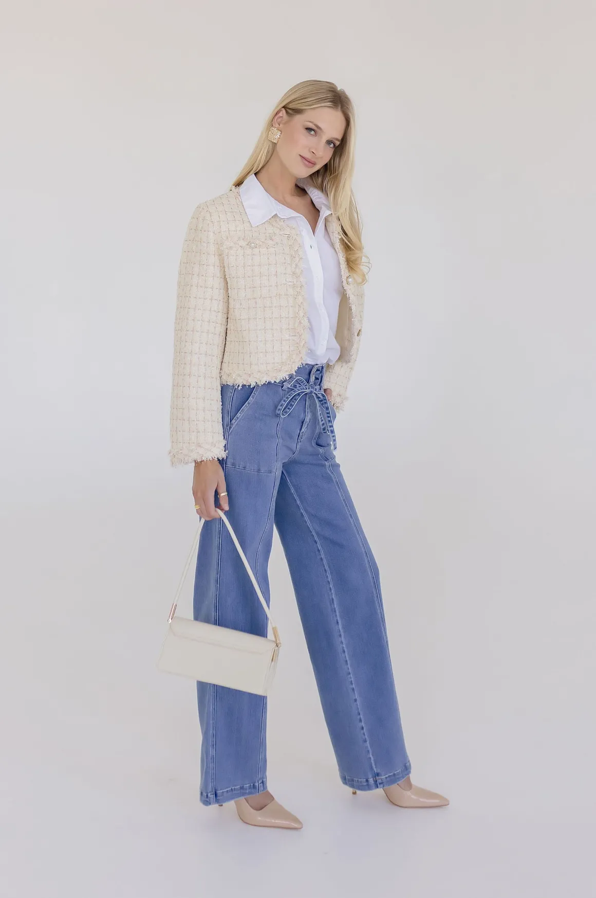 Elizabeth Long Sleeve Cropped Tweed Jacket Cream