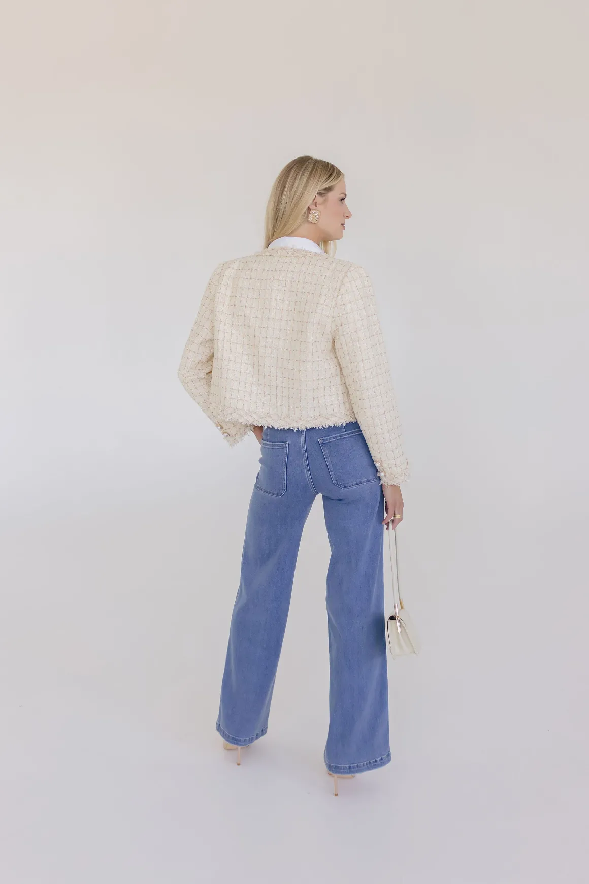Elizabeth Long Sleeve Cropped Tweed Jacket Cream