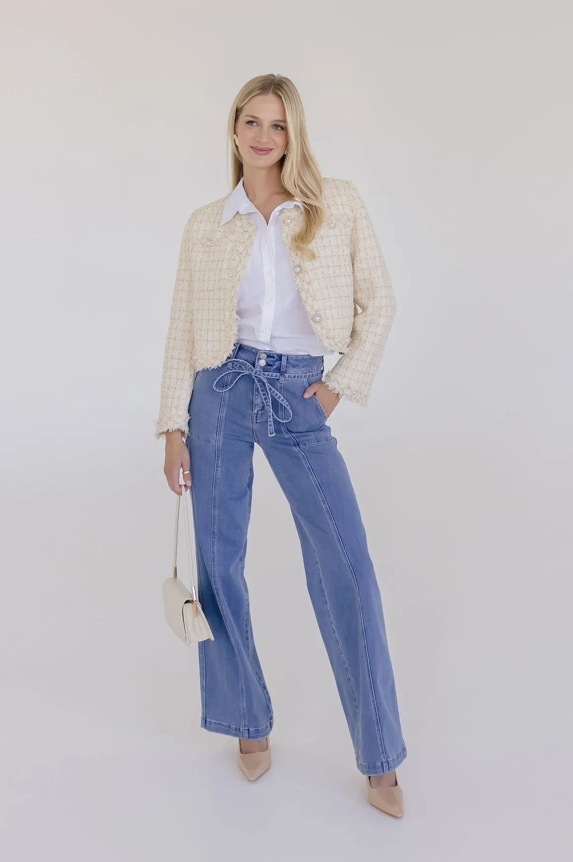 Elizabeth Long Sleeve Cropped Tweed Jacket Cream