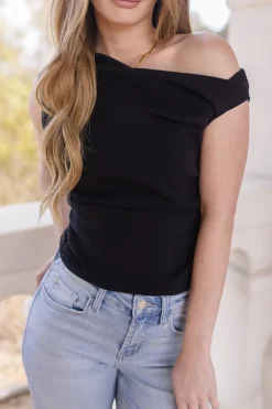 Ella Sleeveless Asymmetrical Neckline Top Black