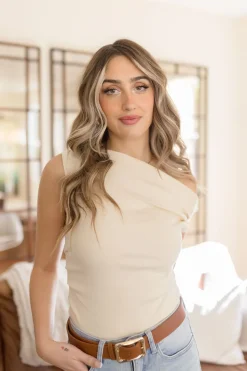 Ella Sleeveless Asymmetrical Neckline Top Ivory