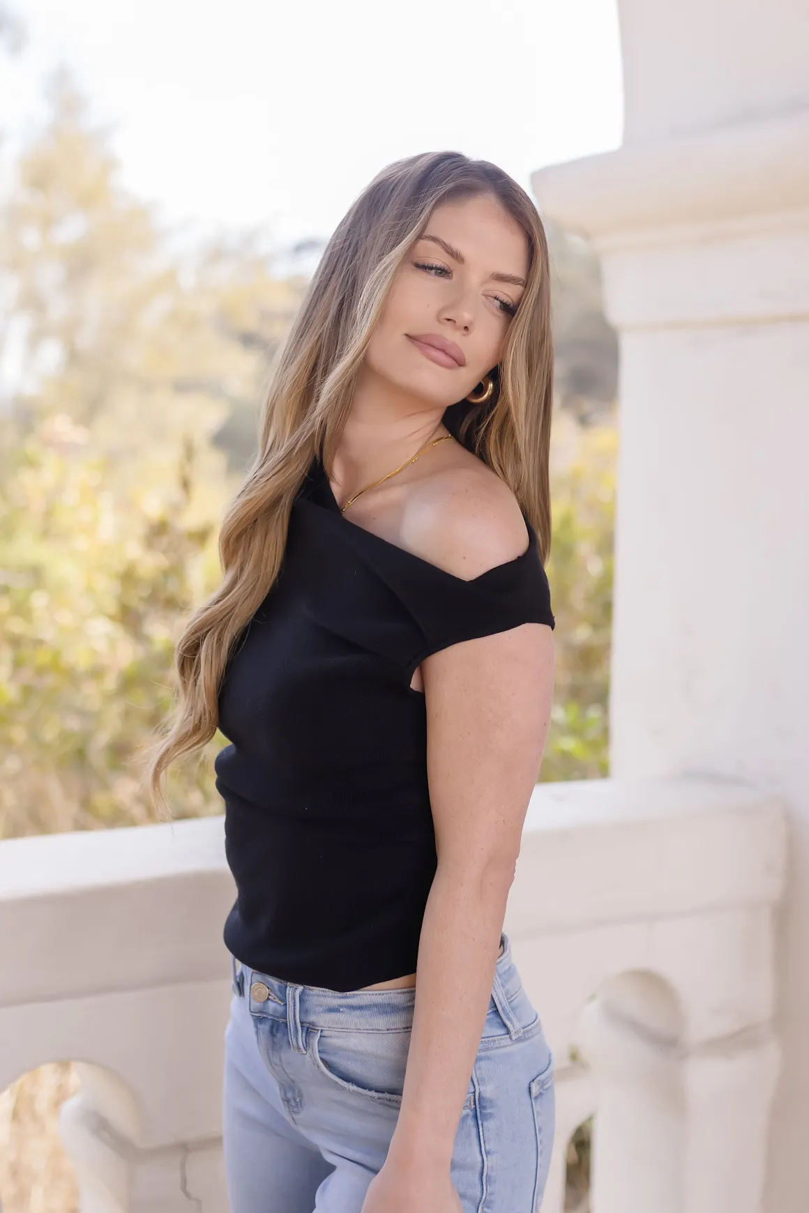 Ella Sleeveless Asymmetrical Neckline Top Black