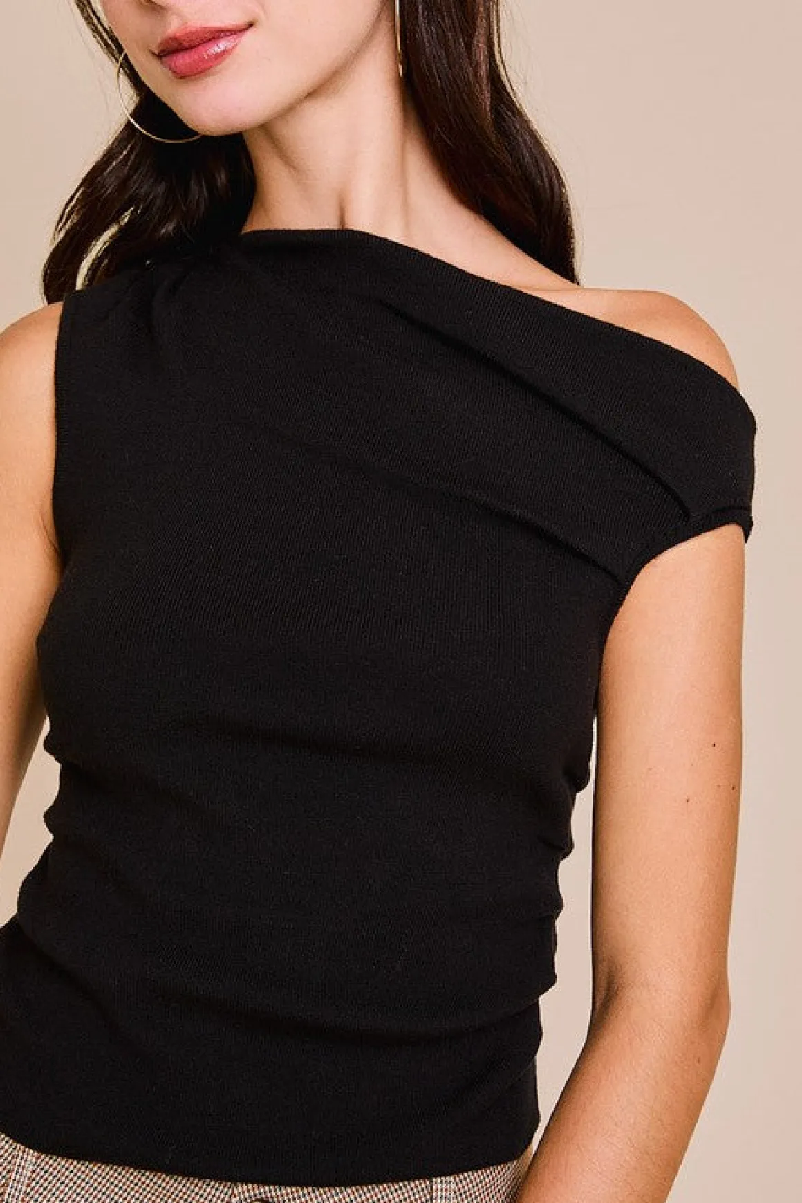 Ella Sleeveless Asymmetrical Neckline Top Black