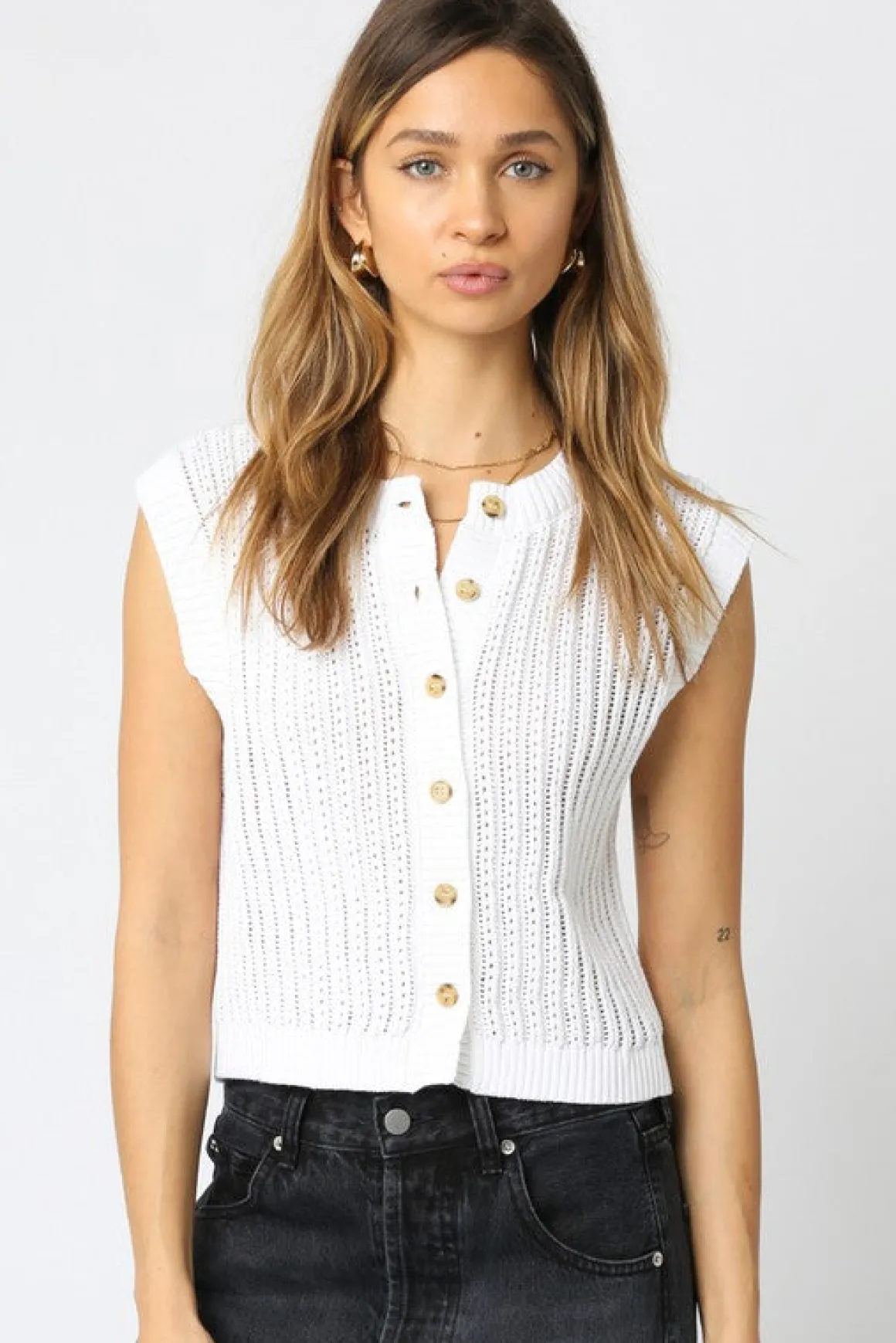 Ellen Sleeveless Button Down Knit Sweater Top White