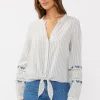 Elliott Long Sleeve Front Tie Stripe Print Top Blue